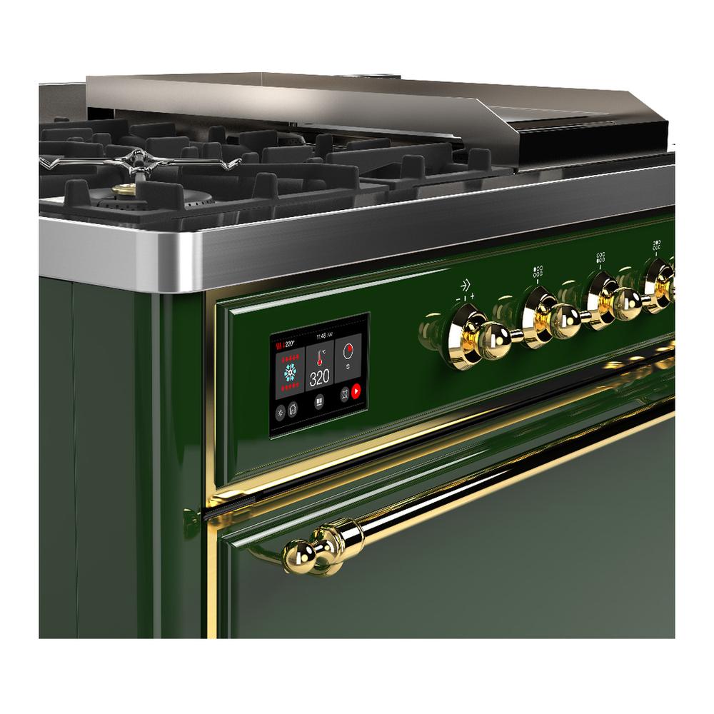 ILVE UM48FSQNR3EGGLP Majestic III 48 inch Dual Fuel Range with 5 Black Brass Burners, Griddle and French Top, Dual Function Burner up to 25,000 BTU (Liquid Propane, Solid Door, Emerald Green, Brass)