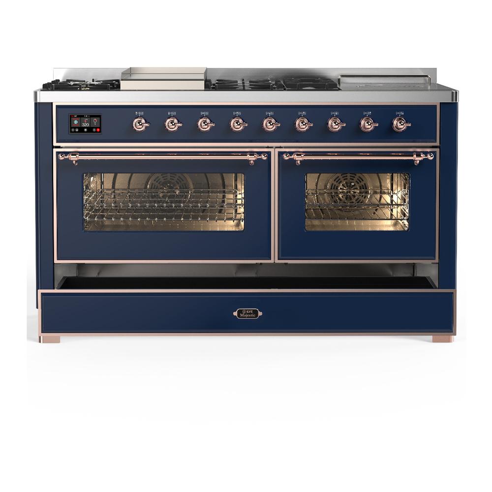ILVE UM60FSNR3MBP Majestic III 60 inch Dual Fuel Range with 7 Burners, Griddle and French Top, Dual Function Burner with up to 25,000 BTU (Natural Gas, Triple Glass Door, Midnight Blue, Copper)