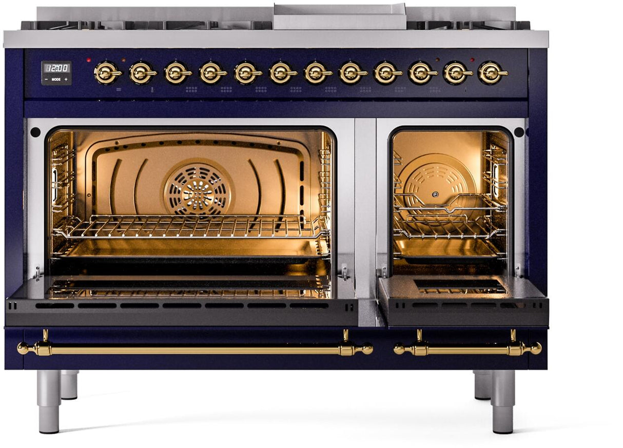 Nostalgie II 48 Inch Dual Fuel Liquid Propane Freestanding Range in Blue with Brass Trim