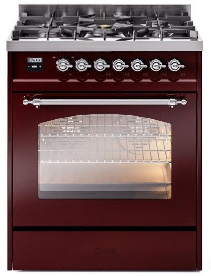 Nostalgie II 30 Inch Dual Fuel Natural Gas Freestanding Range in Burgundy with Chrome Trim