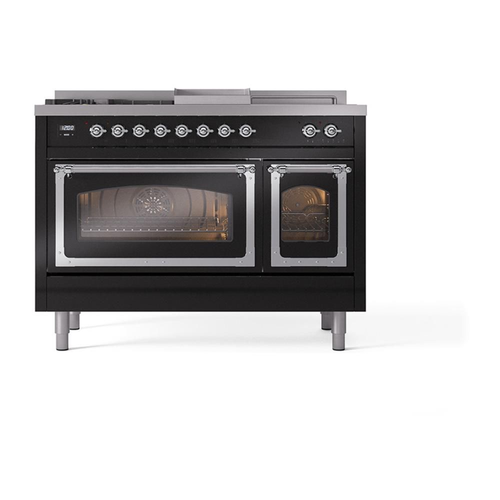 ILVE UN48FSNMPBKCLP Nostalgie II Noblesse 48 inch Dual Fuel Range (5 Sealed Burners + Griddle + French Top, Liquid Propane, Triple Glass Door, Glossy Black, Chrome)