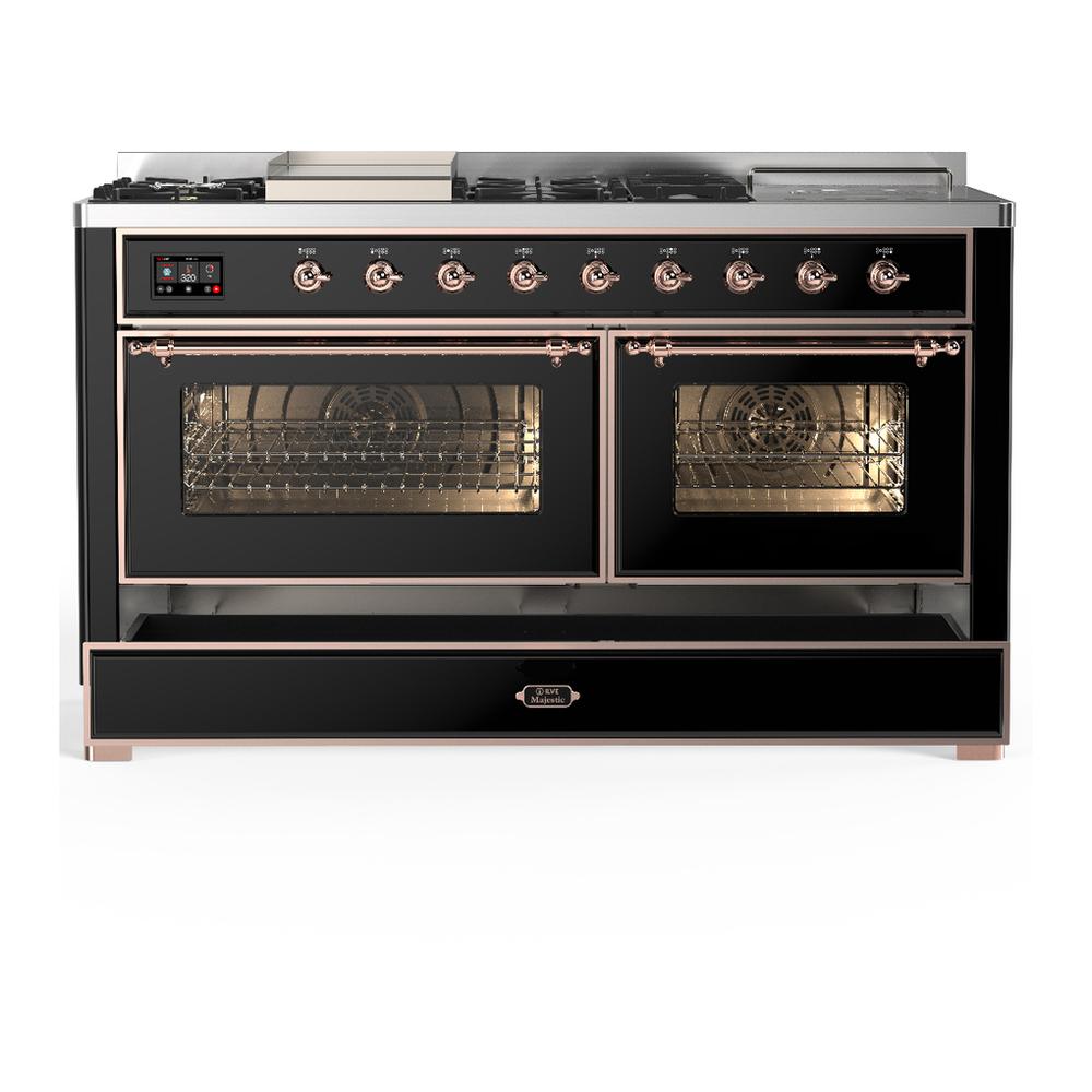 ILVE UM60FSNR3BKP Majestic III 60 inch Dual Fuel Range with 7 Burners, Griddle and French Top, Dual Function Burner with up to 25,000 BTU (Natural Gas, Triple Glass Door, Glossy Black, Copper)