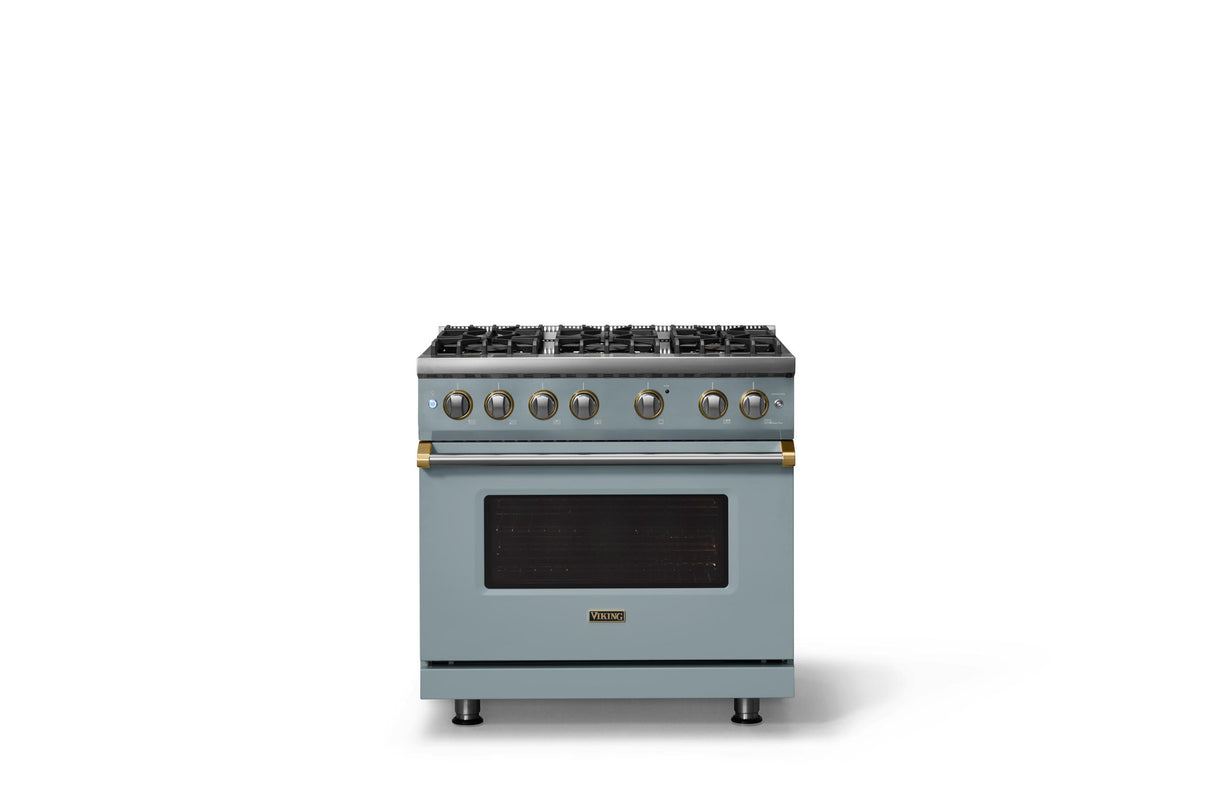 36"W. Sealed Burner Gas Range (Burner: 6b, Finish: November Sky, Trim: Brushed Brass, Fuel: Propane)