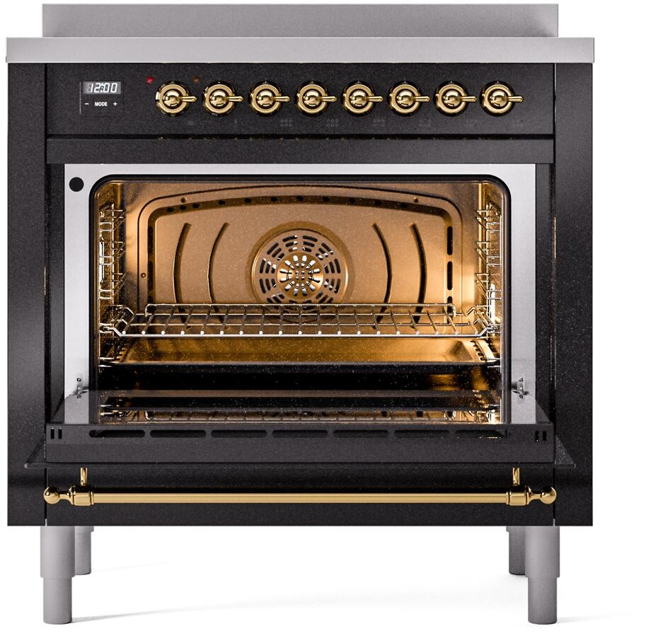 Nostalgie II 36 Inch Electric Freestanding Range in Glossy Black with Brass Trim