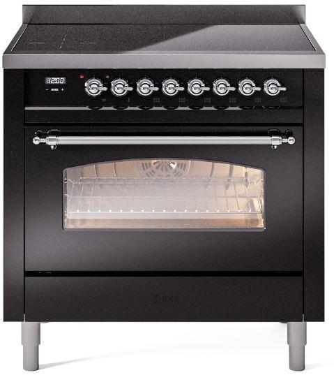 Nostalgie II 36 Inch Electric Freestanding Range in Glossy Black with Chrome Trim