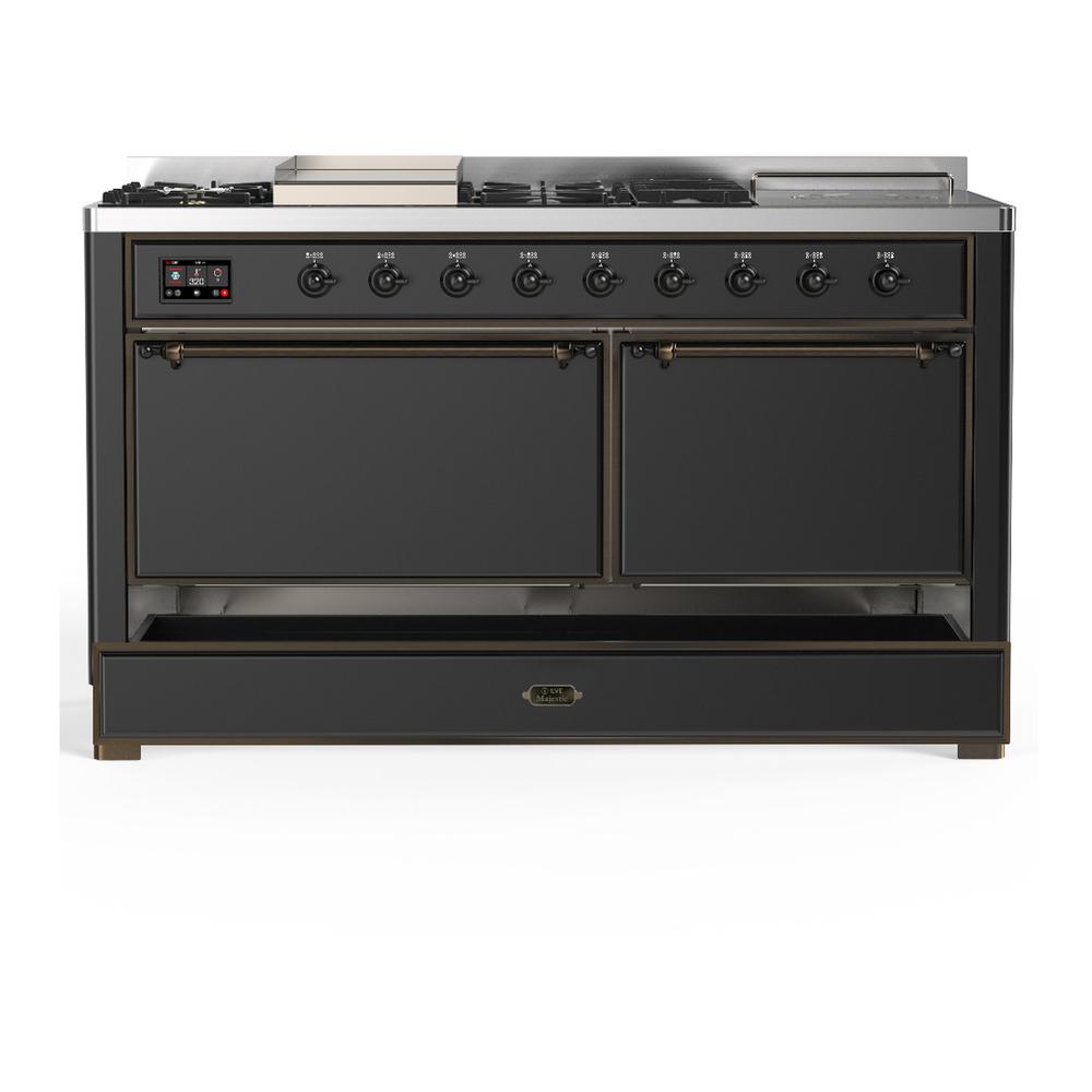 ILVE UM60FSQNR3MGBLP Majestic III 60 inch Dual Fuel Range with 7 Burners, Griddle and French Top, Dual Function Burner with up to 25,000 BTU (Liquid Propane, Solid Door, Graphite Matte, Burnished)
