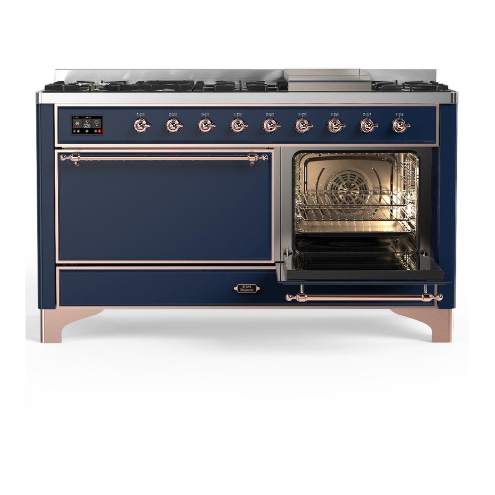 ILVE UM60FQNR3MBP Majestic III 60 inch Dual Fuel Range with 9 Burners and Griddle, Dual Function Burner up to 25,000 BTU (Natural Gas, Solid Door, Midnight Blue, Copper)