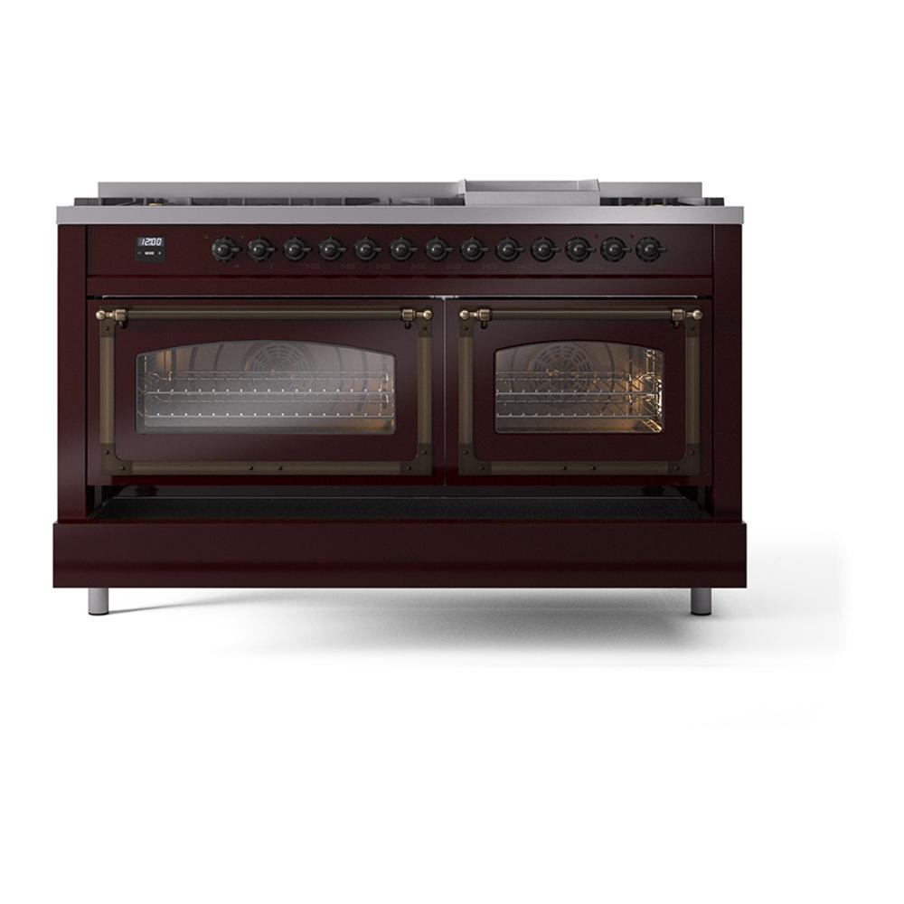 ILVE UN60FNMPBUBLP Nostalgie II Noblesse 60 inch Dual Fuel Range (9 Sealed Burners + Griddle, Liquid Propane, Triple Glass Door, Burgundy, Burnished)