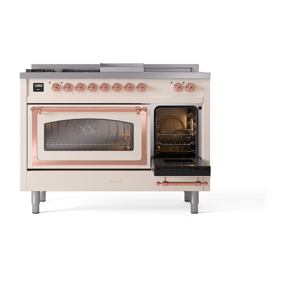 ILVE UN48FSNMPAWPLP Nostalgie II Noblesse 48 inch Dual Fuel Range (5 Sealed Burners + Griddle + French Top, Liquid Propane, Triple Glass Door, Antique White, Copper)