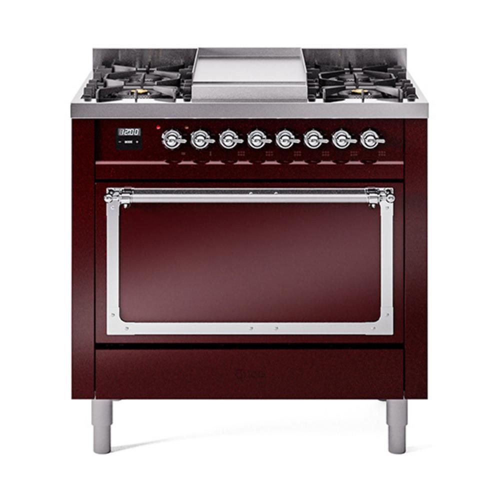 ILVE UN36FQNMPBUCLP Nostalgie II Noblesse 36 inch Dual Fuel Range (Liquid Propane, Solid Door, Burgundy, Chrome)