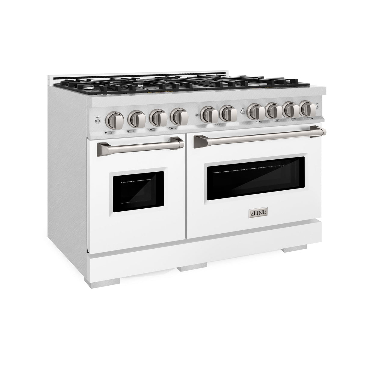 ZLINE 48 in. 6.7 cu. ft. Classic Double Oven Gas Range with 8 Burner Cooktop in DuraSnow' Stainless Steel with White Matte Doors (CGRS-WM-48)