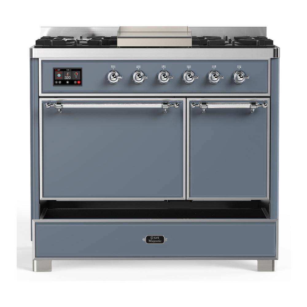 ILVE UMD40FQNR3BGCLP Majestic III 40 inch Dual Fuel Range with 6 Burners and Griddle, Dual Function Burner up to 25,000 BTU (Liquid Propane, Solid Door, Blue Grey, Chrome)