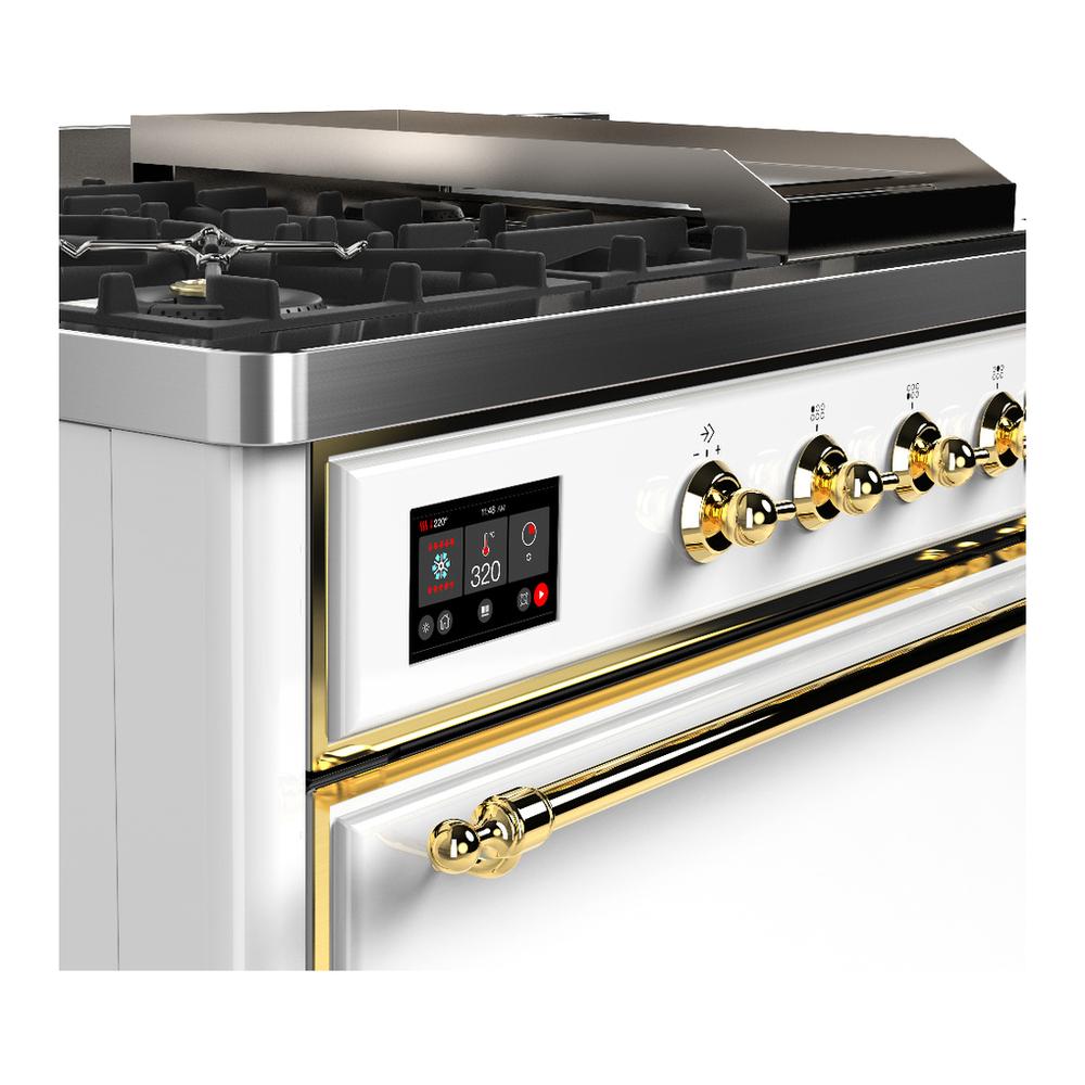 ILVE UM48FSQNR3WHGLP Majestic III 48 inch Dual Fuel Range with 5 Black Brass Burners, Griddle and French Top, Dual Function Burner up to 25,000 BTU (Liquid Propane, Solid Door, White, Brass)