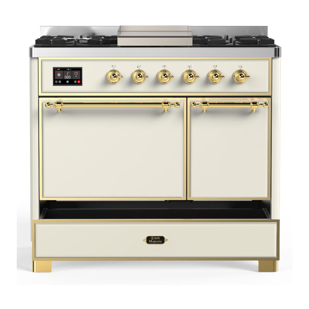 ILVE UMD40FQNR3AWG Majestic III 40 inch Dual Fuel Range with 6 Burners and Griddle, Dual Function Burner up to 25,000 BTU (Natural Gas, Solid Door, Antique White, Brass)