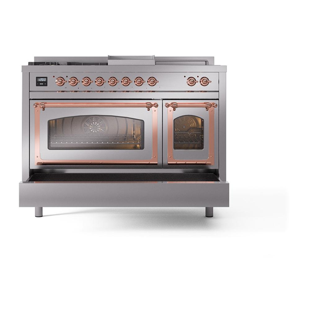 ILVE UN48FSNMPSSPLP Nostalgie II Noblesse 48 inch Dual Fuel Range (5 Sealed Burners + Griddle + French Top, Liquid Propane, Triple Glass Door, Stainless Steel, Copper)