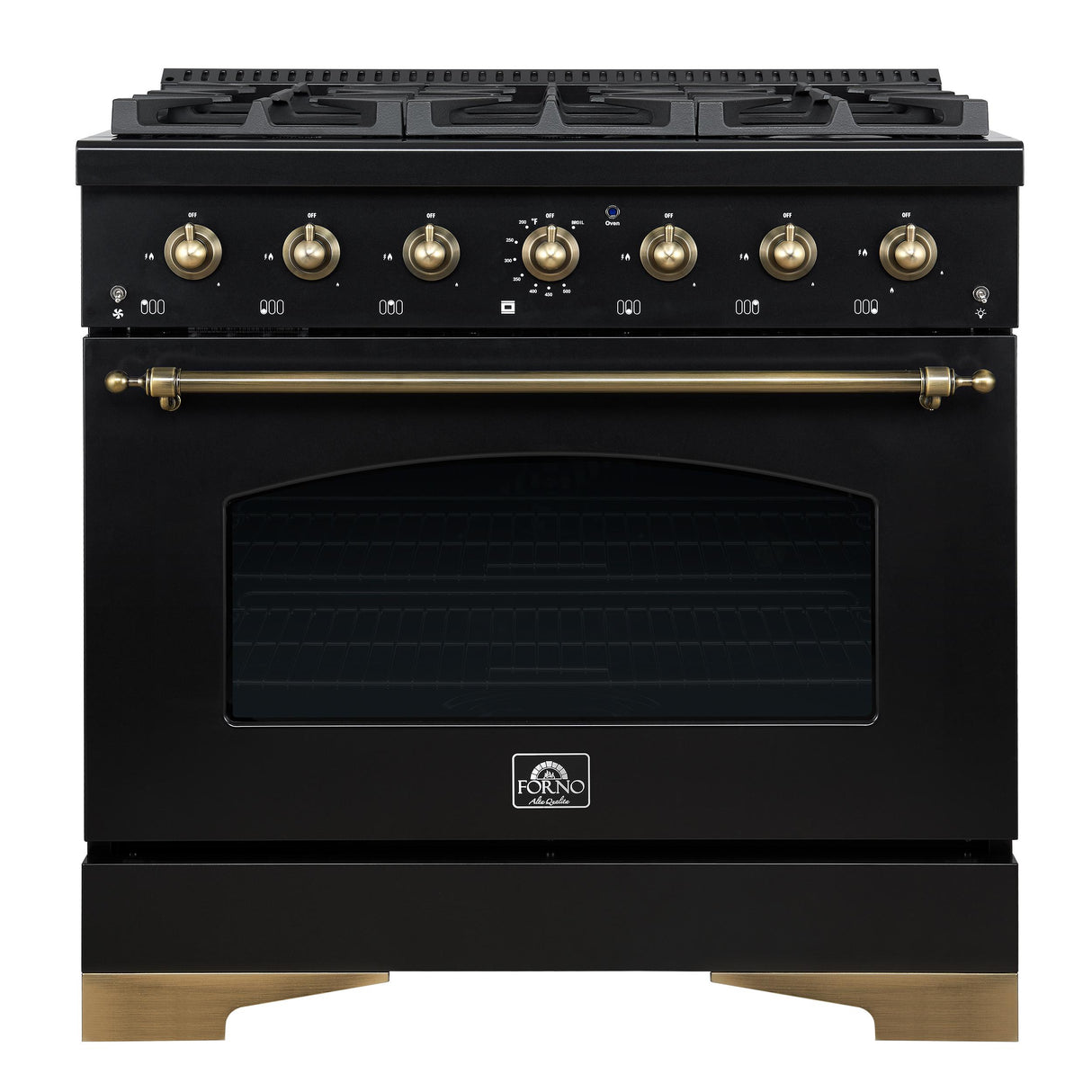 Forno Antico 36-inch Dual Fuel Range, Black and Antique Brass, 6 Burners, 4.5 cu.ft. Convection Oven