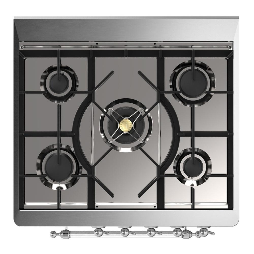 ILVE UM30QNR3BKCLP Majestic III 30 inch Dual Fuel Range with 5 Black Brass Burners, Dual Function Burner up to 25,000 BTU (Liquid Propane, Solid Door, Glossy Black, Chrome)