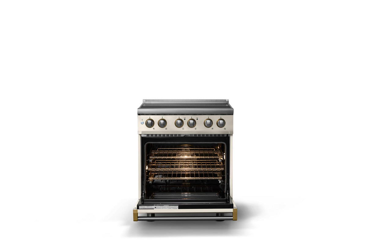 30"W. Induction Range (Finish: Pure White, Trim: Brushed Brass)