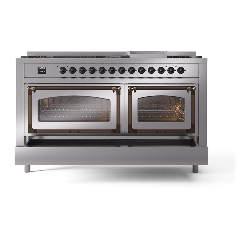 ILVE UN60FNMPSSBLP Nostalgie II Noblesse 60 inch Dual Fuel Range (9 Sealed Burners + Griddle, Liquid Propane, Triple Glass Door, Stainless Steel, Burnished)