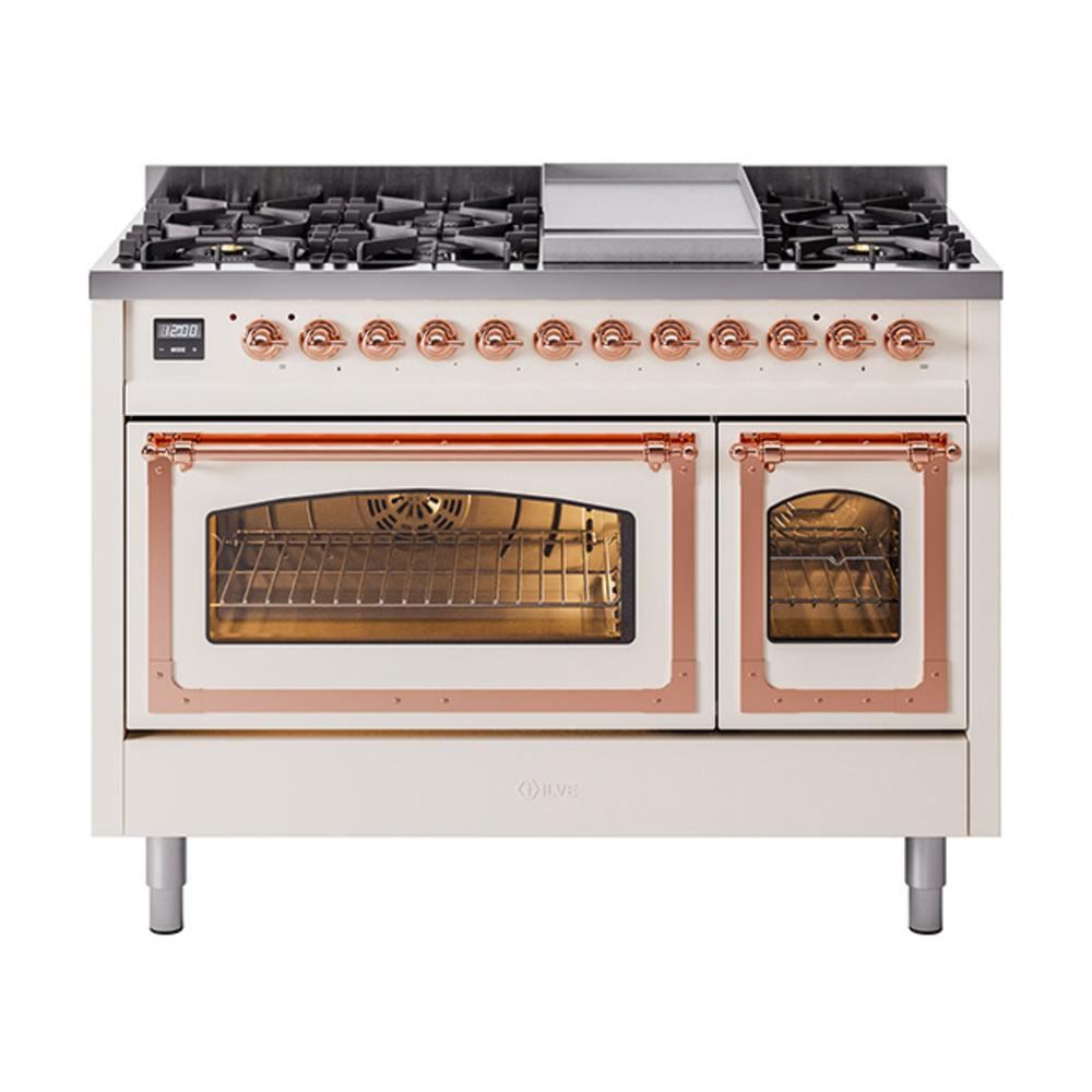 ILVE UN48FNMPAWPLP Nostalgie II Noblesse 48 inch Dual Fuel Range (8 Sealed Burners + Griddle, Liquid Propane, Triple Glass Door, Antique White, Copper)