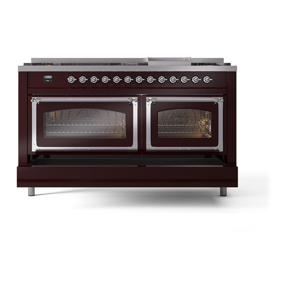 ILVE UN60FNMPBUC Nostalgie II Noblesse 60 inch Dual Fuel Range (9 Sealed Burners + Griddle, Natural Gas, Triple Glass Door, Burgundy, Chrome)