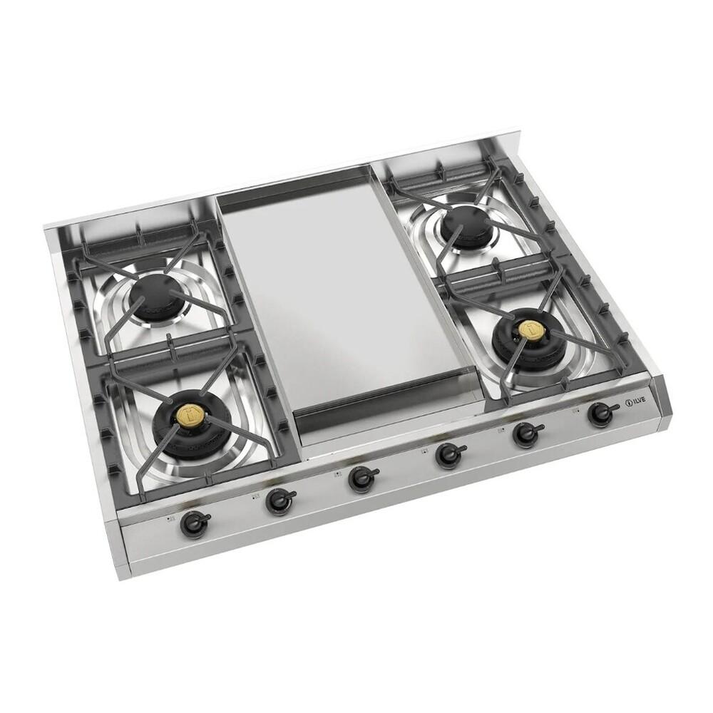 ILVE UHCP965FNSSB Nostalgie II 36 inch Built-In Gas Cooktop with Griddle, in Stainless Steel (Natural Gas, Burnished)