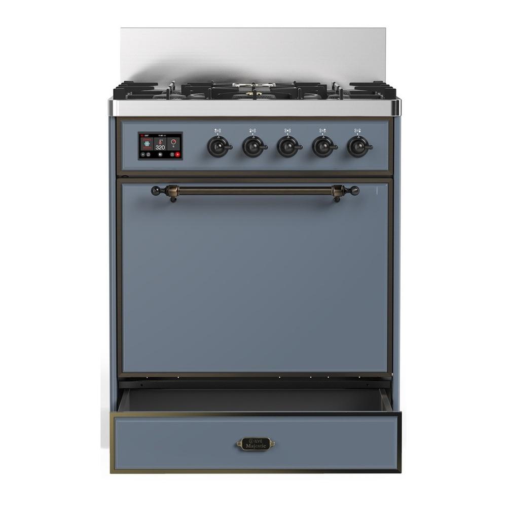 ILVE UM30QNR3BGB Majestic III 30 inch Dual Fuel Range with 5 Black Brass Burners, Dual Function Burner up to 25,000 BTU (Natural Gas, Solid Door, Blue Grey, Burnished)