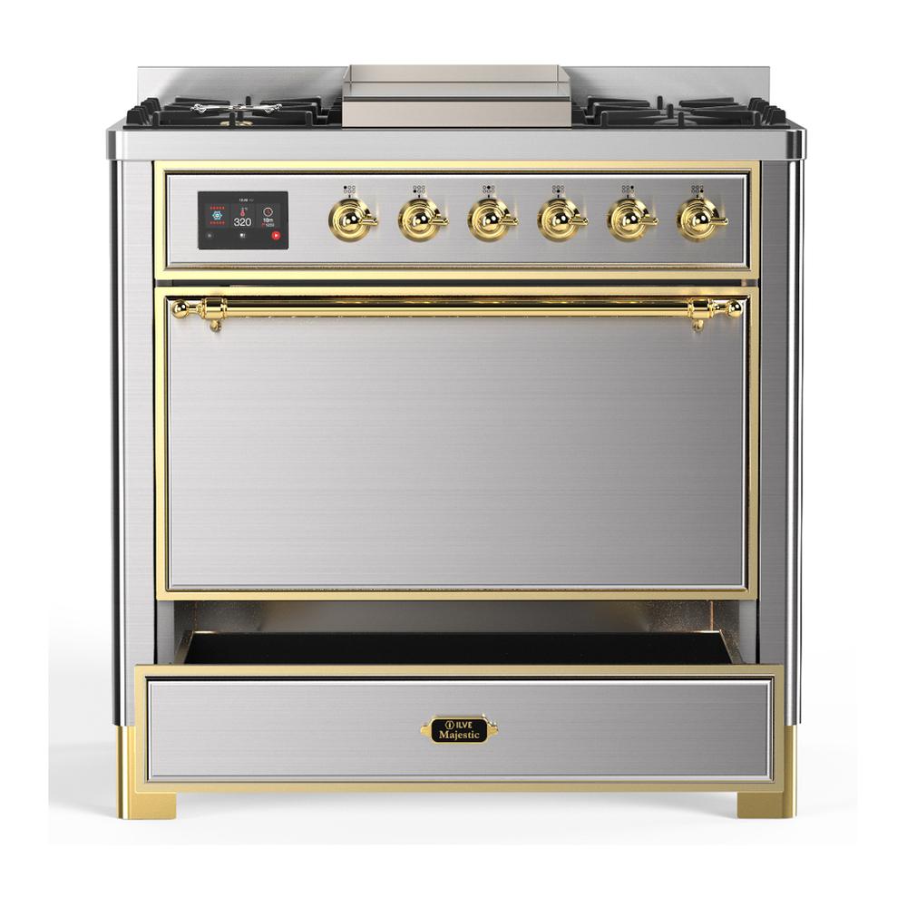 ILVE UM36FQNR3SSG Majestic III 36 inch Dual Fuel Range with 6 Black Brass Burners and Griddle, Dual Function Burner up to 25,000 BTU (Solid Door, Stainless Steel, Brass, Natural Gas)