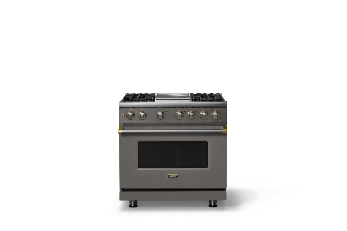 36"W. Dual Fuel Range (Burner: 4g, Finish: Damascus Gray, Trim: Brushed Brass, Fuel: Natural Gas)