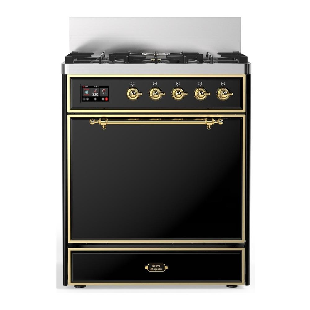 ILVE UM30QNR3BKGLP Majestic III 30 inch Dual Fuel Range with 5 Black Brass Burners, Dual Function Burner up to 25,000 BTU (Liquid Propane, Solid Door, Glossy Black, Brass)