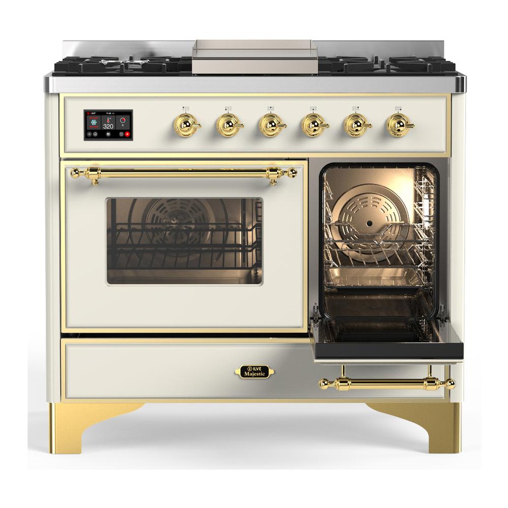 ILVE UMD40FNR3AWGLP Majestic III 40 inch Dual Fuel Range with 6 Burners and Griddle, Dual Function Burner up to 25,000 BTU (Liquid Propane, Triple Glass Door, Antique White, Brass)