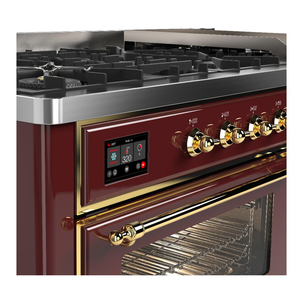 ILVE UM60FNR3BUG Majestic III 60 inch Dual Fuel Range with 9 Burners and Griddle, Dual Function Burner up to 25,000 BTU (Natural Gas, Triple Glass Door, Burgundy, Brass)