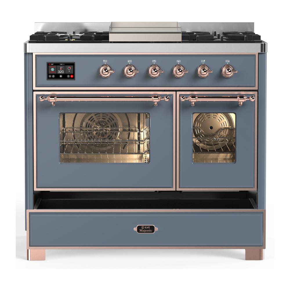 ILVE UMD40FNR3BGPLP Majestic III 40 inch Dual Fuel Range with 6 Burners and Griddle, Dual Function Burner up to 25,000 BTU (Liquid Propane, Triple Glass Door, Blue Grey, Copper)