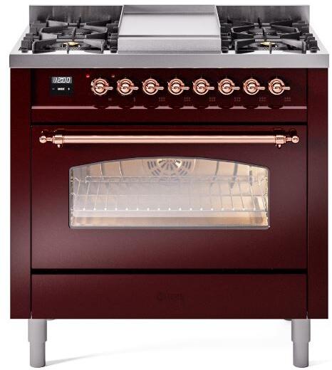 Nostalgie II 36 Inch Dual Fuel Liquid Propane Freestanding Range in Burgundy with Copper Trim