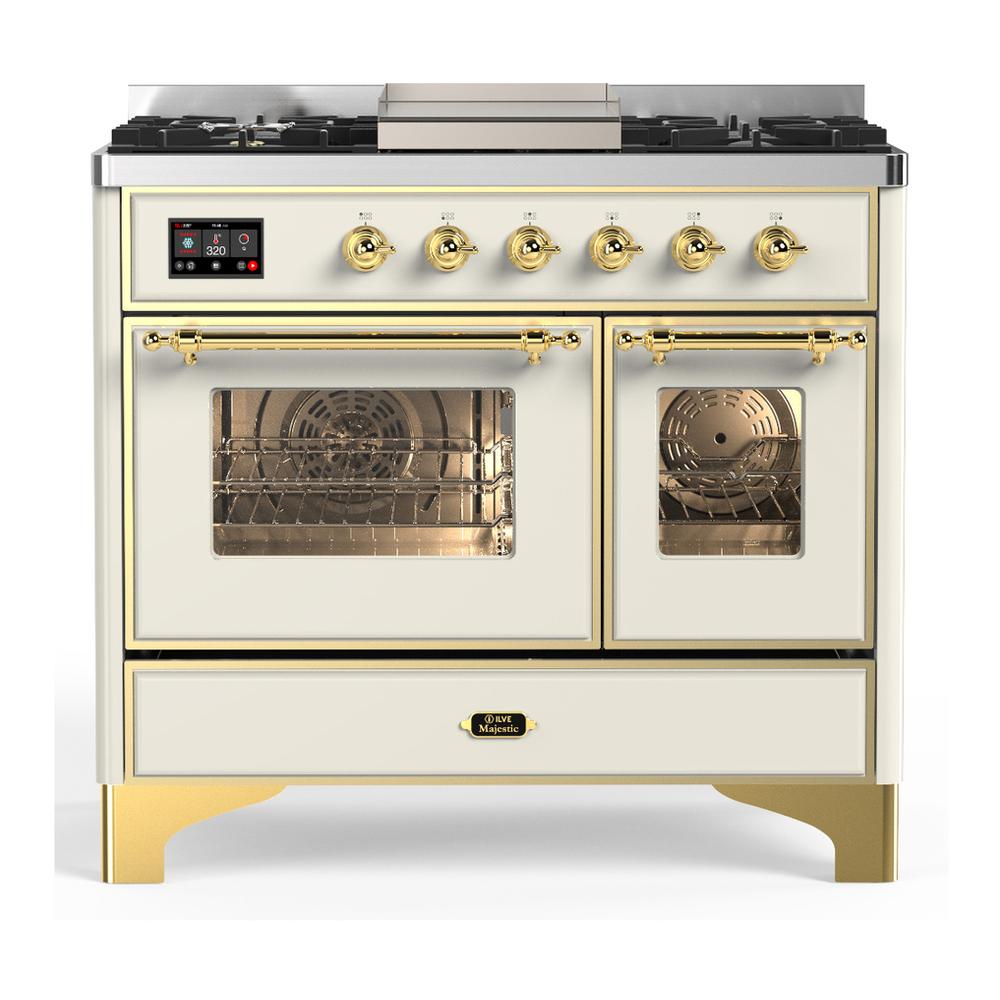 ILVE UMD40FNR3AWG Majestic III 40 inch Dual Fuel Range with 6 Burners and Griddle, Dual Function Burner up to 25,000 BTU (Natural Gas, Triple Glass Door, Antique White, Brass)