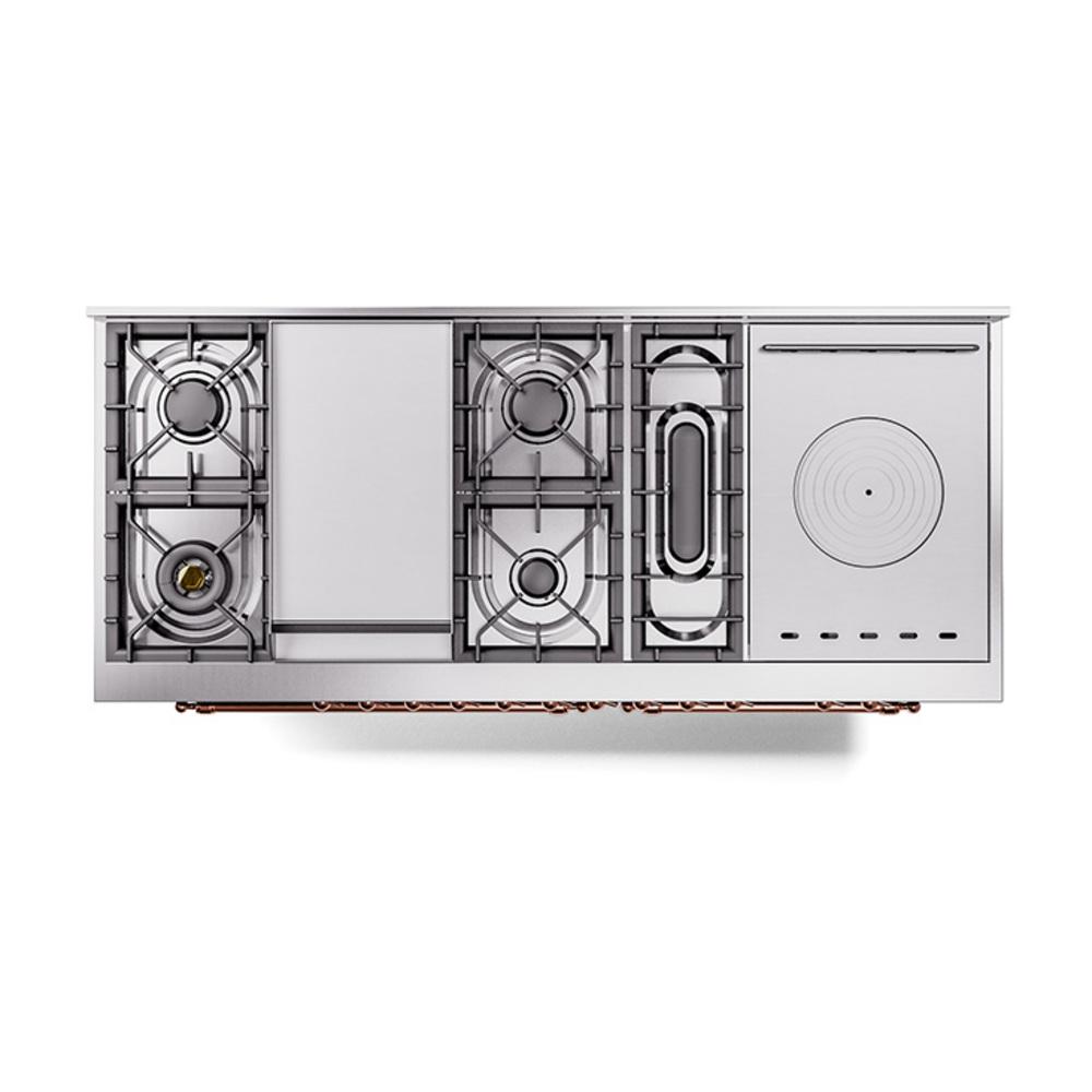 ILVE UN60FSNMPMBPLP Nostalgie II Noblesse 60 inch Dual Fuel Range (7 Sealed Burners + Griddle + French Top, Liquid Propane, Triple Glass Door, Midnight Blue, Copper)