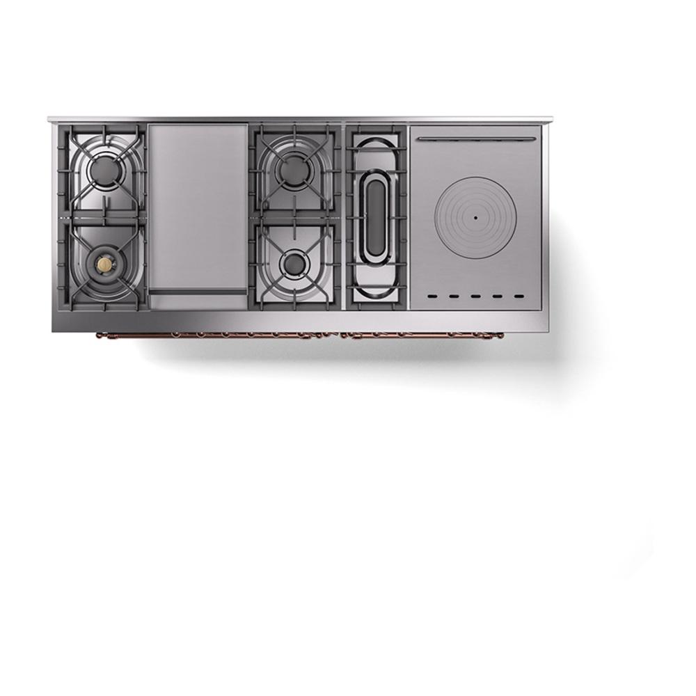 ILVE UN60FSNMPBGP Nostalgie II Noblesse 60 inch Dual Fuel Range (7 Sealed Burners + Griddle + French Top, Natural Gas, Triple Glass Door, Blue Grey, Copper)