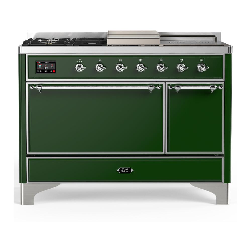 ILVE UM48FSQNR3EGCLP Majestic III 48 inch Dual Fuel Range with 5 Black Brass Burners, Griddle and French Top, Dual Function Burner up to 25,000 BTU (Liquid Propane, Solid Door, Emerald Green, Chrome)