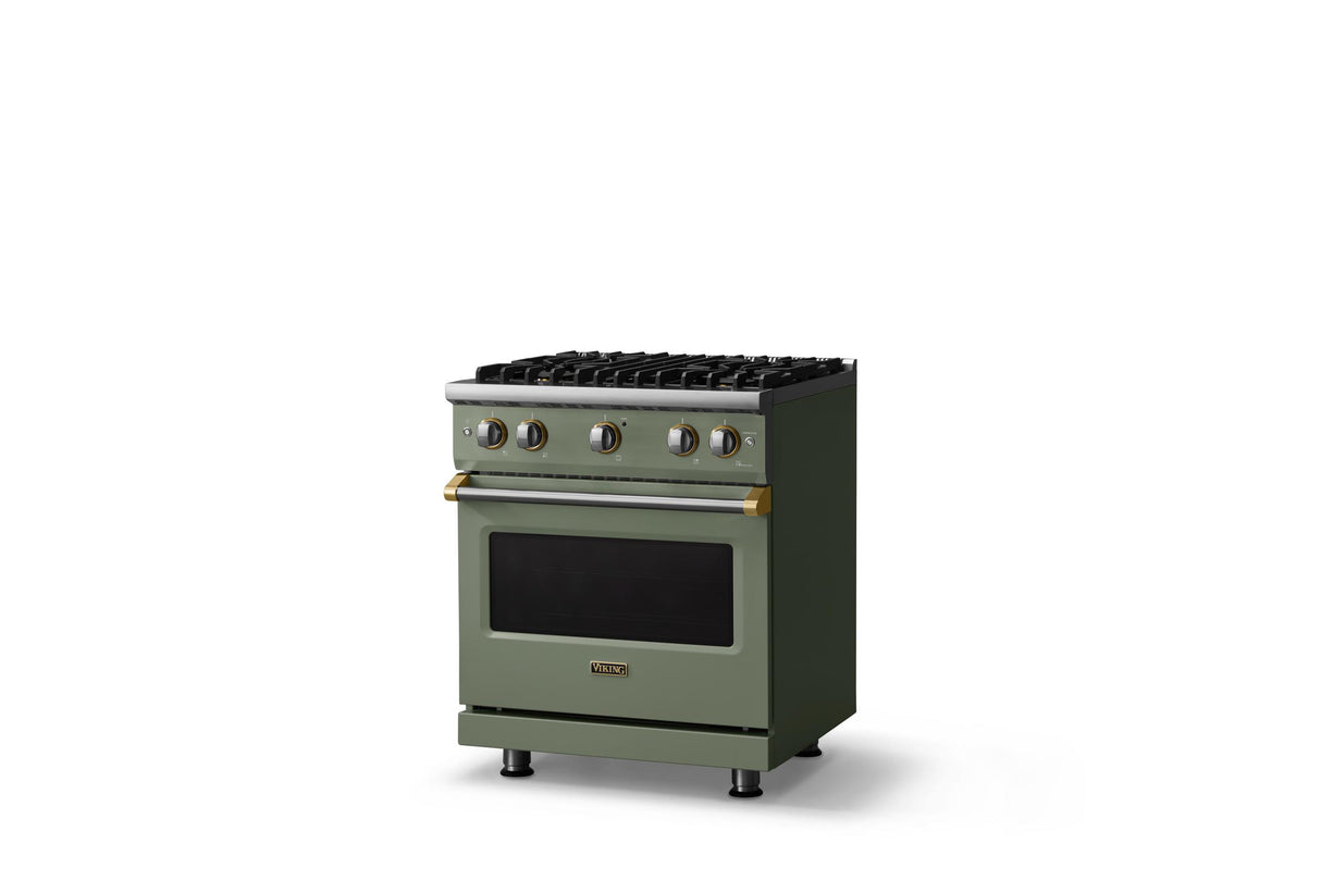 30"W. Sealed Burner Gas Range (Finish: Eucalyptus, Trim: Brushed Brass, Fuel: Propane)
