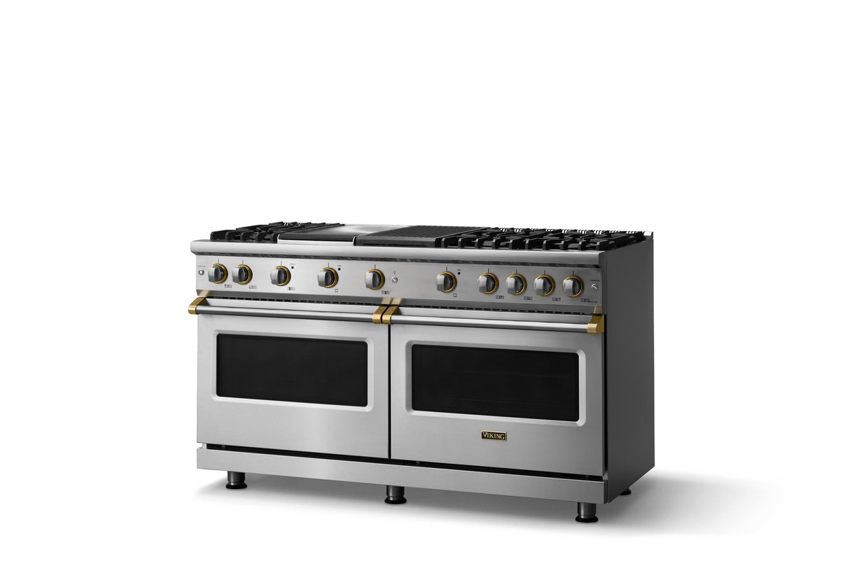 60"W. Sealed Burner Gas Range (Finish: Stainless Steel, Trim: Brushed Brass, Fuel: Natural Gas)