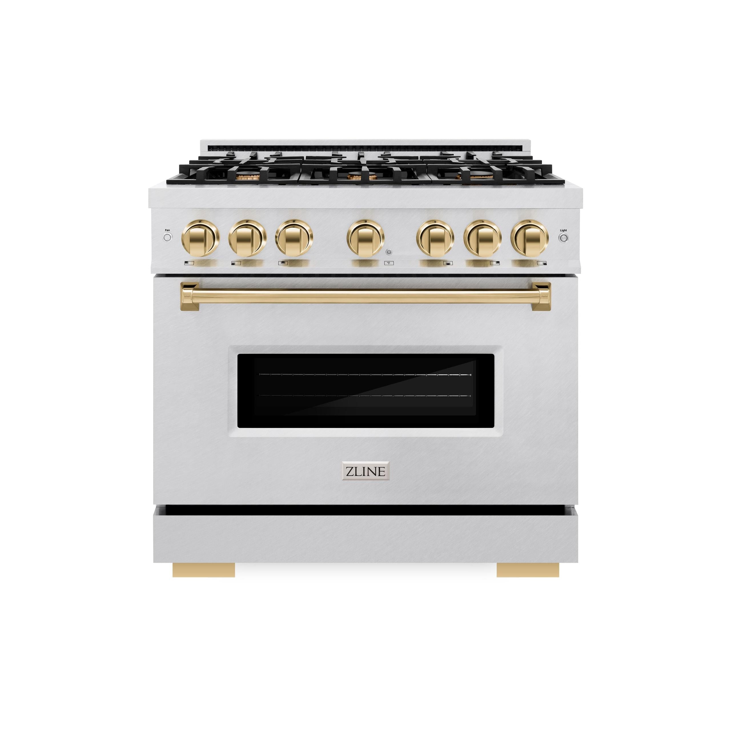 ZLINE Autograph Edition 36 in. 5.2 cu. ft. Classic Dual Fuel Range with 6 Burner Gas Cooktop and Electric Convection Oven in DuraSnow' Stainless Steel with Polished Gold Accents (CDRSZ-36-G)