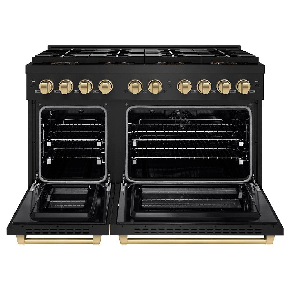 ZLINE Autograph Edition 48 in. 6.7 cu. ft. Paramount Dual Fuel Range with 8 Burner DuoPro? Cooktop and Dual Ovens in Black Stainless Steel and Champagne Bronze Accents (PSDRBZ-48-CB)