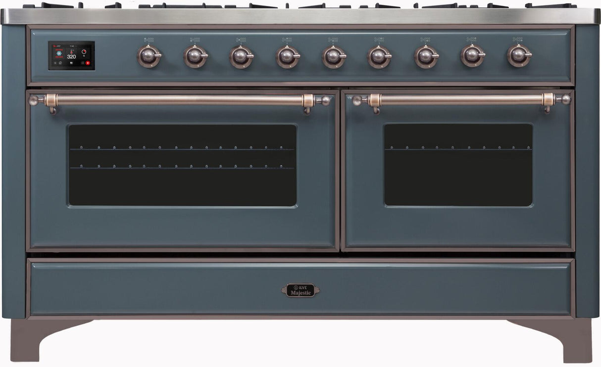 Majestic II 60 Inch Dual Fuel Natural Gas Freestanding Range in Blue Grey with Bronze Trim