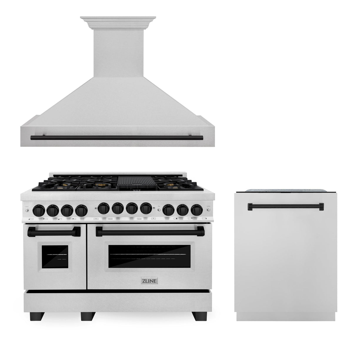 ZLINE 48" Autograph Edition Kitchen Package with DuraSnow Stainless Steel Gas Range, Range Hood and Dishwasher with Matte Black Accents (3AKPR-RGSRHDWM48-MB)