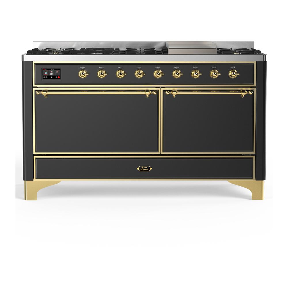 ILVE UM60FQNR3MGGLP Majestic III 60 inch Dual Fuel Range with 9 Burners and Griddle, Dual Function Burner up to 25,000 BTU (Liquid Propane, Solid Door, Graphite Matte, Brass)