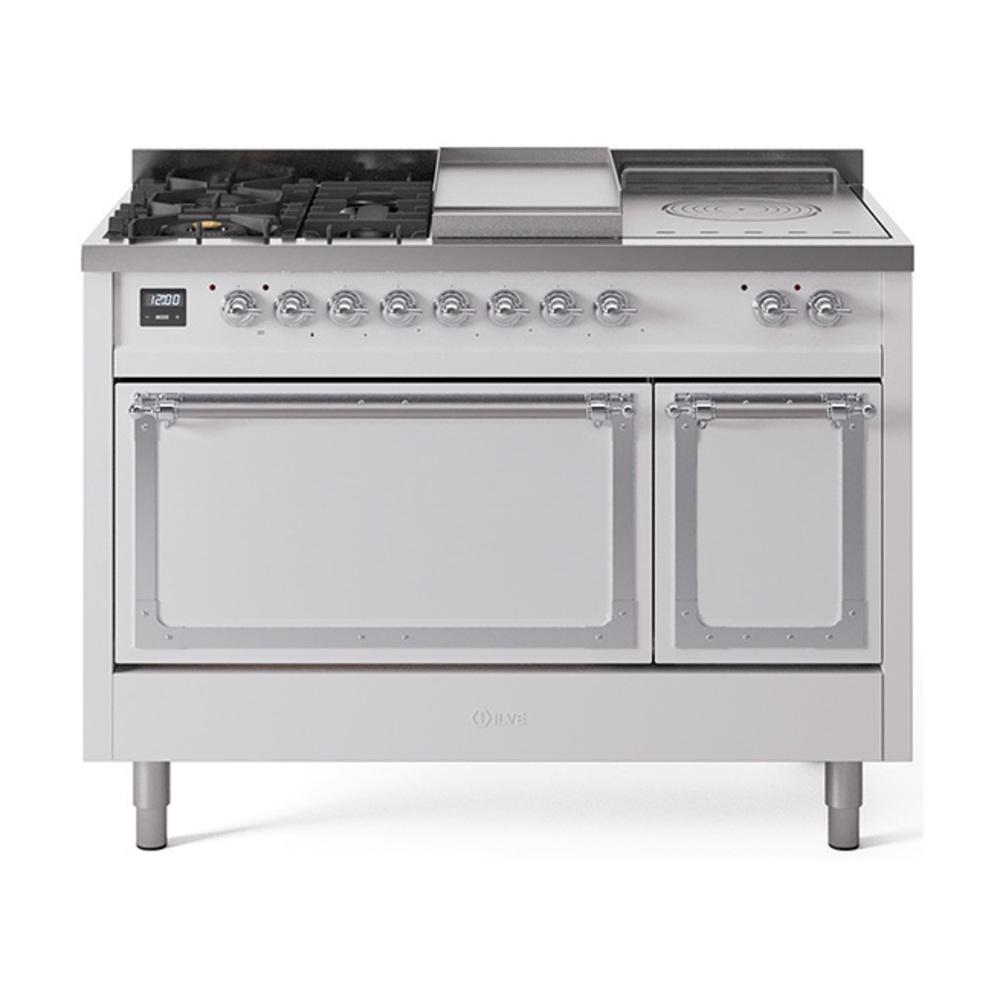 ILVE UN48FSQNMPWHC Nostalgie II Noblesse 48 inch Dual Fuel Range (5 Sealed Burners + Griddle + French Top, Natural Gas, Solid Door, White, Chrome)