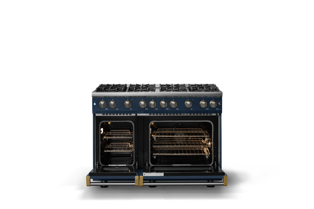 48"W. Sealed Burner Gas Range (Burner: 8b, Finish: Slate Blue, Trim: Brushed Brass, Fuel: Propane)