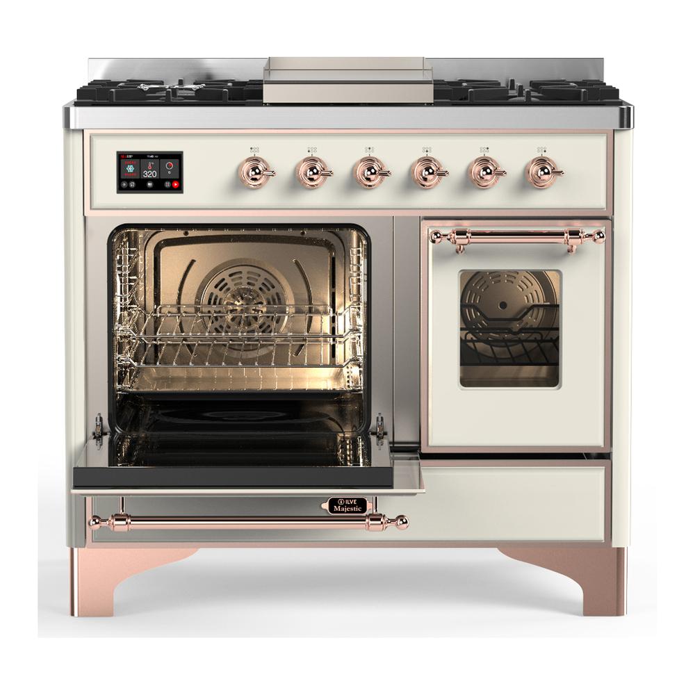 ILVE UMD40FNR3AWPLP Majestic III 40 inch Dual Fuel Range with 6 Burners and Griddle, Dual Function Burner up to 25,000 BTU (Liquid Propane, Triple Glass Door, Antique White, Copper)