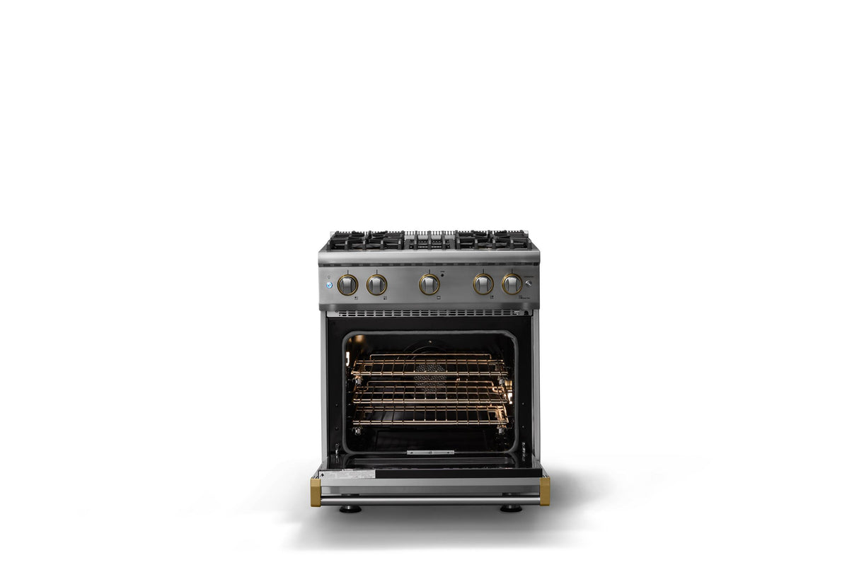 30"W. Sealed Burner Gas Range (Finish: Stainless Steel, Trim: Brushed Brass, Fuel: Propane)