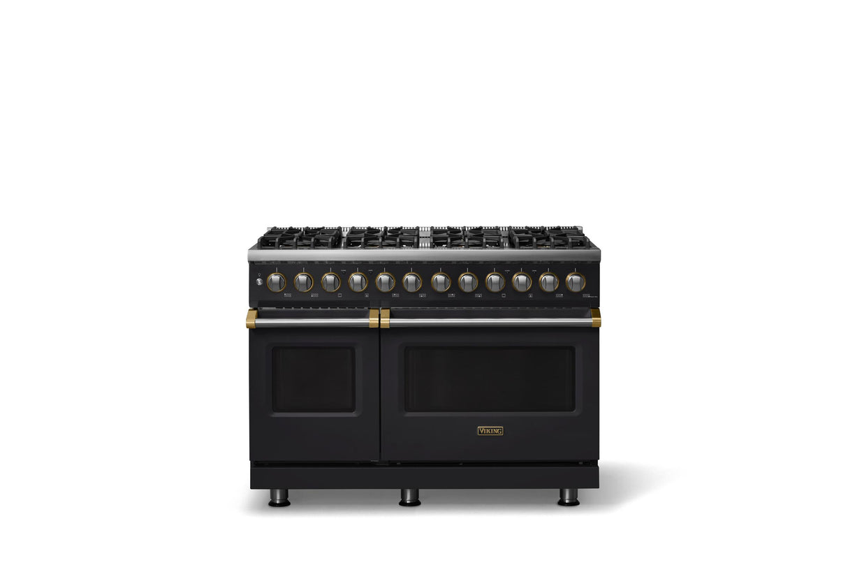 48"W. Dual Fuel Range (Burner: 8b, Finish: Onyx, Trim: Brushed Brass, Fuel: Propane)